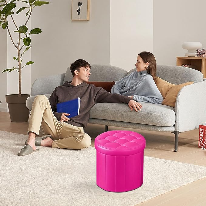 Ottoman with Storage, Foot Rest Stool with Thicker Foam Padded Seat Leather Small Round 14“ x 14” x 13 "Inchs Storage Ottoman Bench for Living Room Foldable Pouf Coffee Table 2 Pack, Rose Red