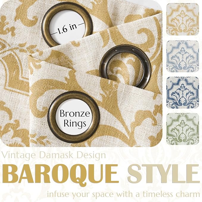jinchan Light Filtering Curtains, 90 Inch Length 2 Panels Set, Linen Blend Drapes for Bedroom, Vintage Damask Patterned Curtains, Grommet Top Mustard Yellow on Flax