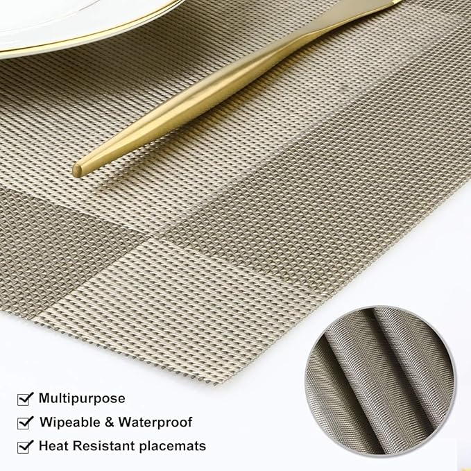DACHUI Placemats, Heat-Resistant Placemats Stain Resistant Anti-Skid Washable PVC Table Mats Woven Vinyl (8pcs, Coffee-Cross)