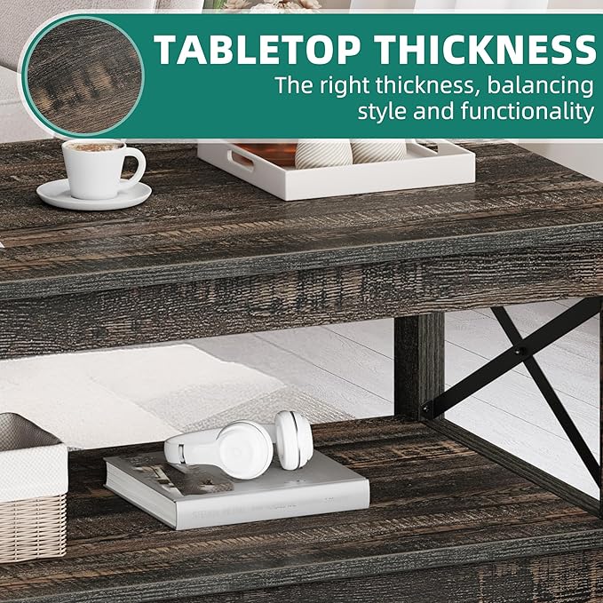 YITAHOME Coffee Tables for Living Room, Modern Farmhouse Coffee Table with Storage, 2-Tier Center Table for Living Room Wood Table Accent Cocktail with Sturdy Frame, Dark Rustic Oak