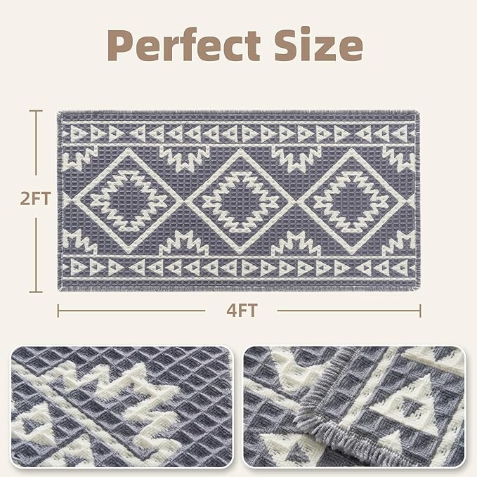 PADOOR-Waffle Bathroom Runner 24"x48", Super Absorbent Bath Mats for Bathroom, Machine Washable Non Slip Bath Rug with Tassels, Soft Bath Mat for Laundry Room, Bedroom, Grey & Cream, 2'x 4'