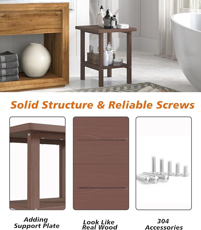 2-Tier Adirondack Square Outdoor Side Table, Pool Composite Patio Table, Weather Resistant End Table for Patio, Backyard, Pool, Easy Maintenance - Brown