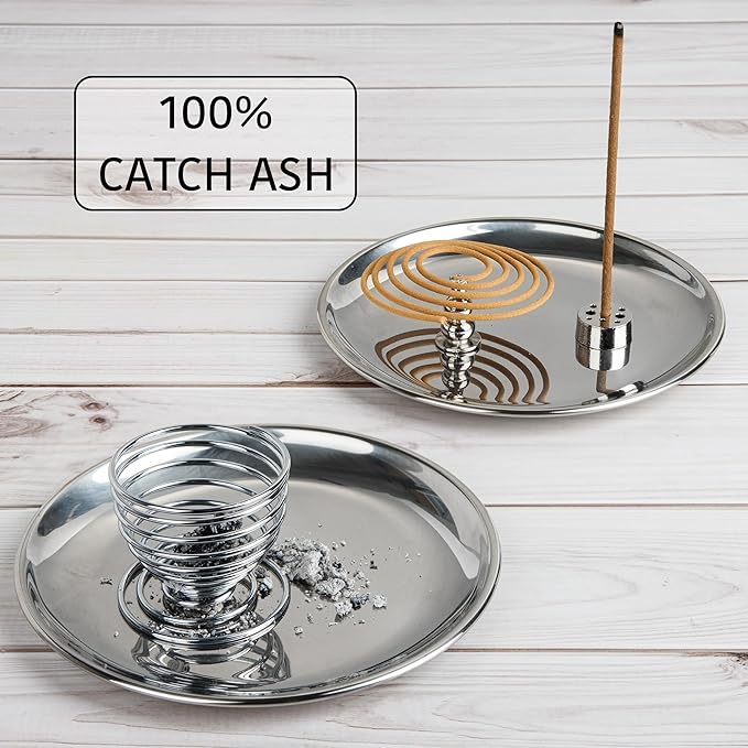 ZenBless 5 in 1 Incense Burner Holder, Palo Santo Holder, Sage Holder,Incense Sticks/Coil/Cones, 5.5 inches Brass Ash Catcher for Meditation Yoga Room(Silver)
