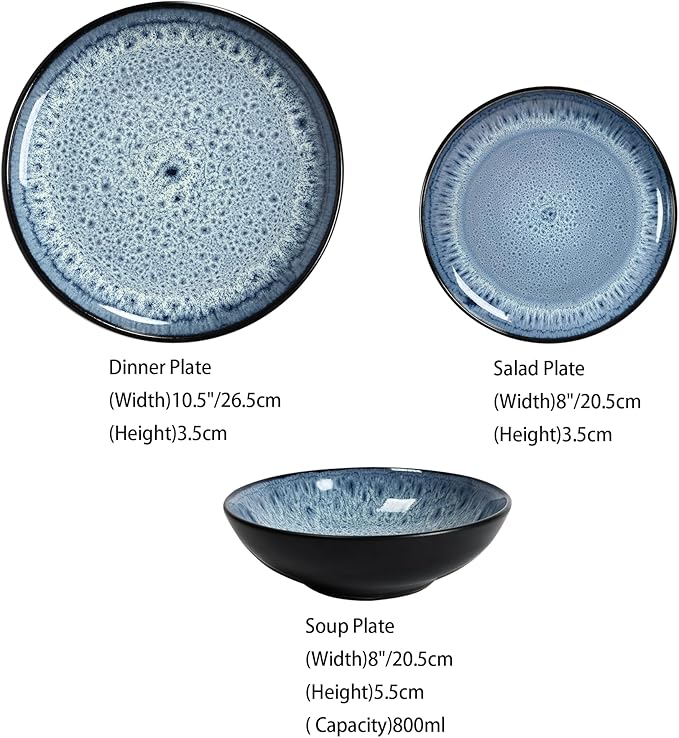 Tudor 6-Piece Dinnerware Set,Service for 2,Blue, Reactive Glaze Dish Set, Plates and Bowls Set,Premium Quality Tableware, Unique Pattern, Glossy