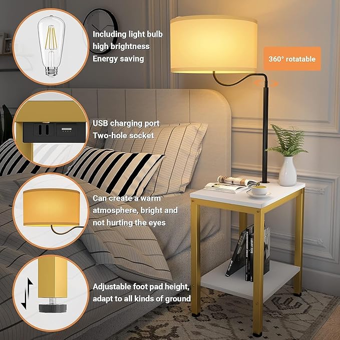 LED Floor Lamp with Table, Side Table with LED Light and Power Outlet, Nightstand with Lamp, End Table with Lamp Attached for Living Room, Bedroom, USB Ports, Bulb Included, White, 2 Pack