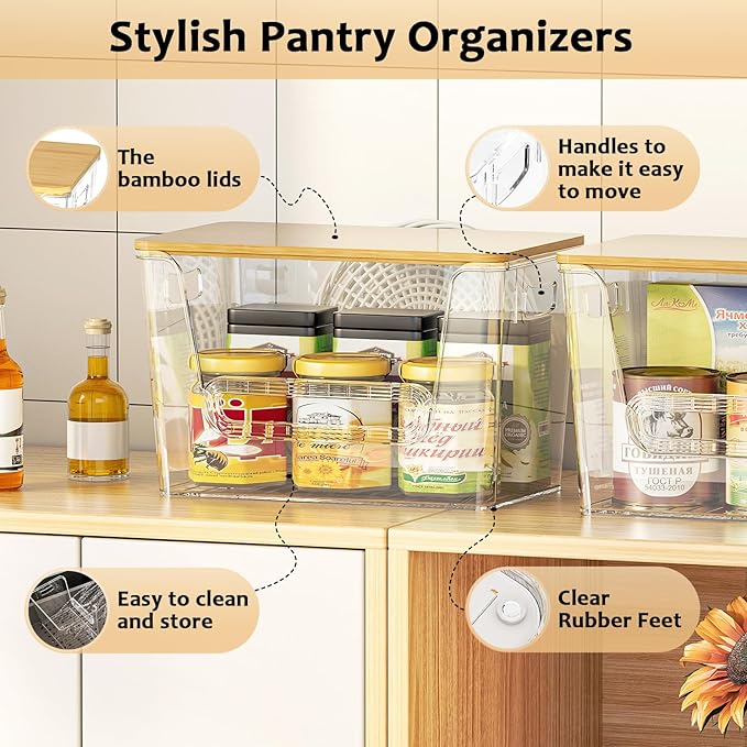 Delamu 2 Set Pantry organizers and Storage,kitchen organizers and storage with Bamboo Top,Stackable Garbage Bag Organizer for 4-30 Gal Bags,Onion,Potato,Fruits,Clear(11.22" L *7" W*7.12" H)