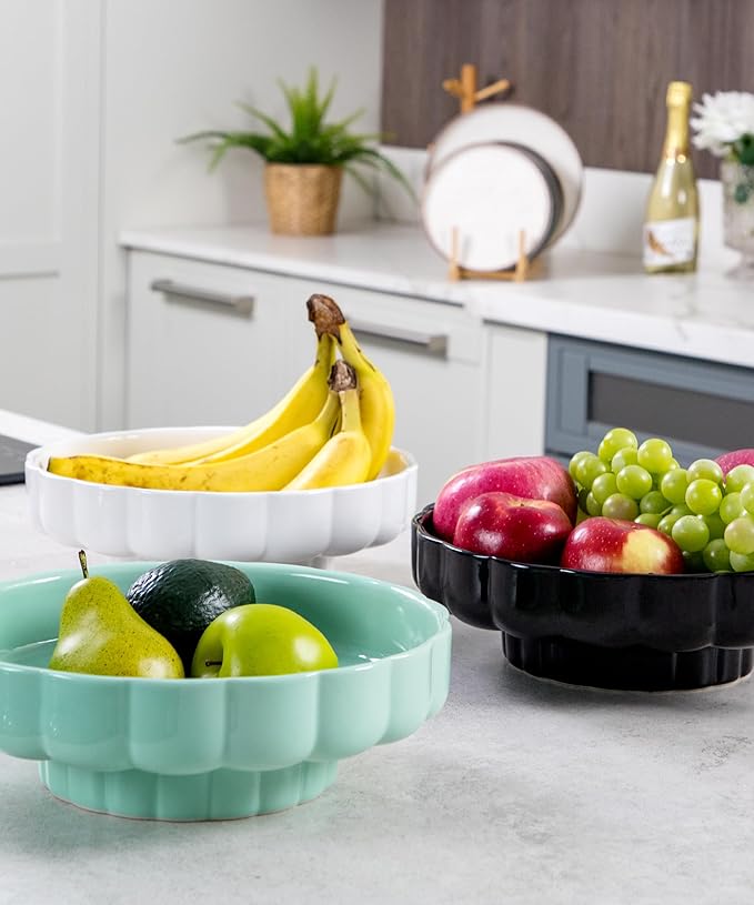 Nucookery Ceramic Petal Fruit Bowl for Kitchen Counter, 11 Inch Modern Decorative Bowl, Elegant Fruit & Vegetable Storage Container, Large Bread Basket, White
