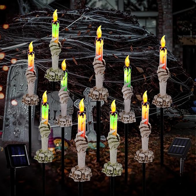 Halloween Pathway Lights, 10 Pack Skull Hand Candle Holder, LED Halloween Decor Candle Lights Solar Powered, Indoor & Outdoor Party Home Garden Porch Decoration