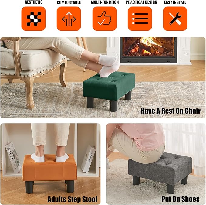 BRIAN & DANY Small Foot Stool, Velvet Foot Stools with Legs, Stable Small Footstool for Living Room, Green