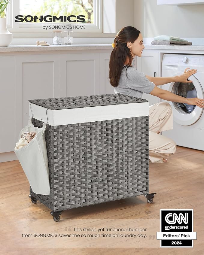 SONGMICS Laundry Hamper with Lid, 37 Gallons (140 L), Rolling Laundry Basket with Wheels, 3-Section Synthetic Rattan, Removable Liner, Bedroom, 26 x 13 x 26 Inches, Gray ULCB363G01