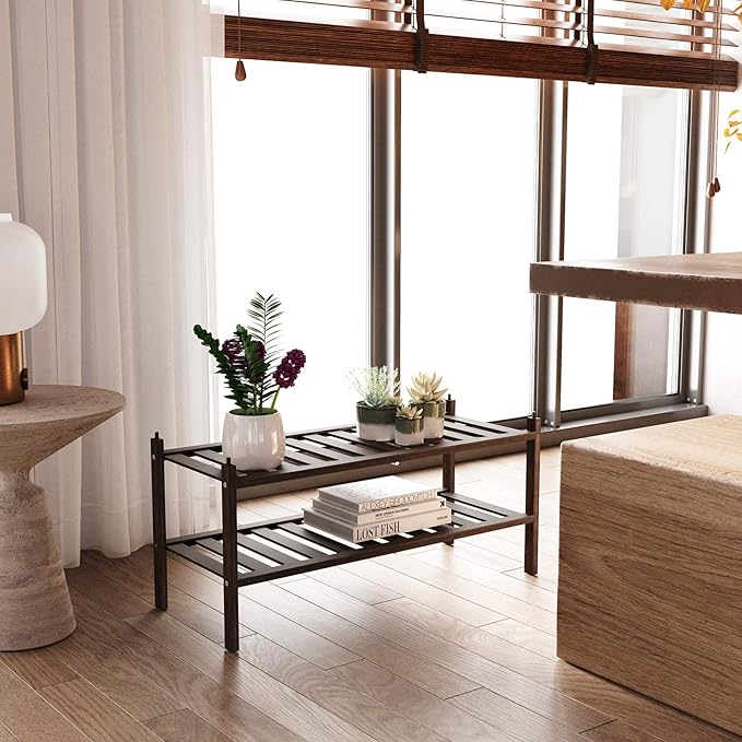 Shoe Rack,2-Tier Bamboo Stackable Shelf Storage Organizer for Entryway, Hallway and Closet, 27.2"x11"x13.2" (Mocha)