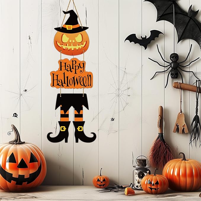 Halloween Door Decorations Halloween Wreath Witch Legs Front Door Hanger Scary Pumpkin Witch Hat Hanging Sign Wooden Wall Decor for Room Party Indoor Home Decor