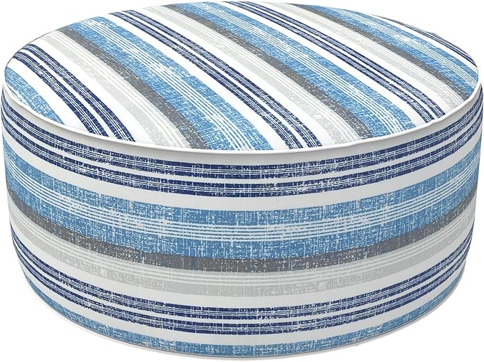 LVTXIII Inflatable Stool Ottoman Footrest with Handle, Decorative Fade-Resistant Foot Stool, Indoor or Outdoor Pouf for Home Garden and Camping Use, D21 x W 21 x H9, Stripe Layered Blue