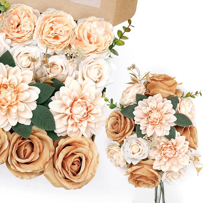 AmyHomie Champagne Nude Artificial Flowers Combo Silk Mix Peony Rose Daisy Fake Flowers w/Stem for DIY Wedding Bouquets Centerpieces Arrangements Table Decor Party Bridal Baby Shower Home Decor