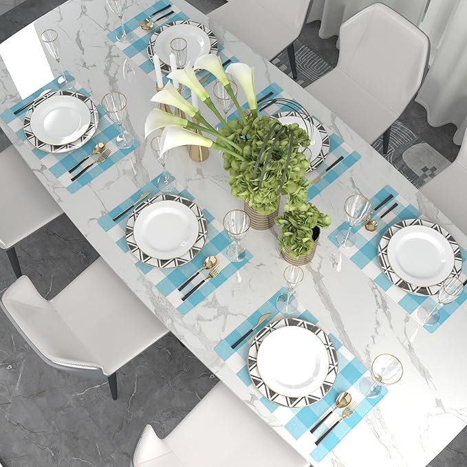 Sky Blue & White 2 Side Cotton Buffalo Check Placemats Set of 4 Heat Resistant Dining Table Place Mats for Kitchen Table, 12 x 18 inches