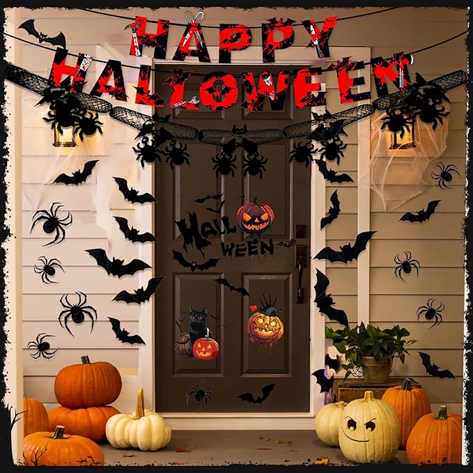 Indoor/Outdoor Halloween Decor Set - Mantel Scarf, Pumpkin Spider Table Runner, Window Stickers, 3d Bats & Spiders, Happy Halloween Banner, Spiders Hanging Garland