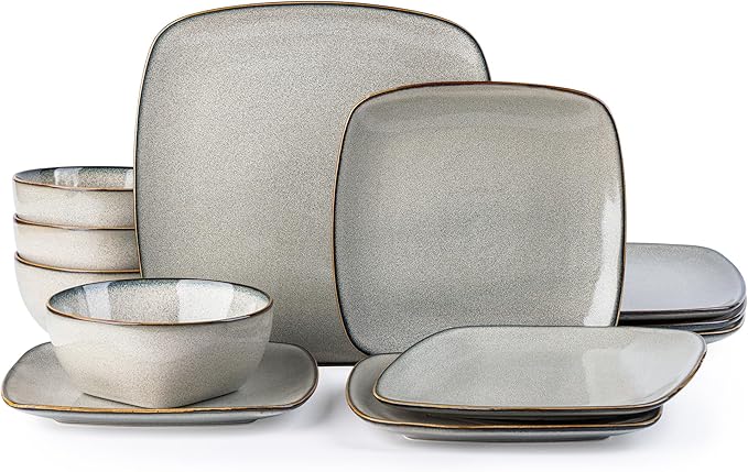 AmorArc Ceramic Dinnerware Sets for 4, 12 Pieces Square Handpainted Plates and Bowls Set, Chip and Scratch Resistant Stoneware Dishes Set, Dishwasher & Microwave Safe, Reactive Glaze