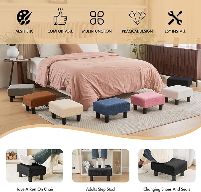 BRIAN & DANY Small Foot Stool Ottoman, Footstool with Legs, Teddy Velvet Foot Rest for Living Room, Bedroom and Office, Black