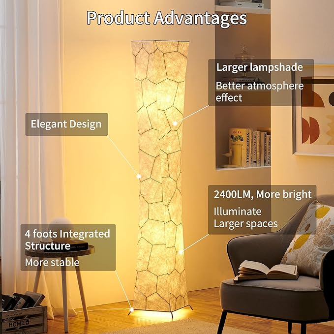 chiphy Floor Lamp, 52" Dimmable Standing Lamps, Adjustable 3 Level Brightness, 12Wx2 LED Bulbs,2400 Lumen, Marble Fabric Shade, Elegant Modern for Bedroom Living Room Kids Room