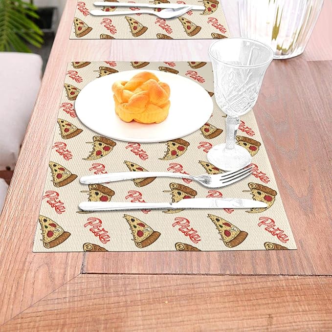 Cute Pizza Food Placemats Set of 4, Washable Decorative Table Mats for Kitchen Holiday Party Farmhouse Home Decor Funny Place Mats 12"x18"