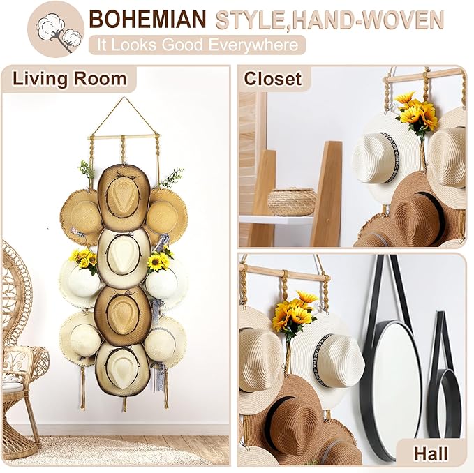 Hat Organizer for Wall Mount 15x53in Boho Hat hanger with 10 Clips Macrame Hat Rack for Wide Brimmed Hat Display Women Hat Holder Western Decor for Fedora Cowboy Beach Hat Brown