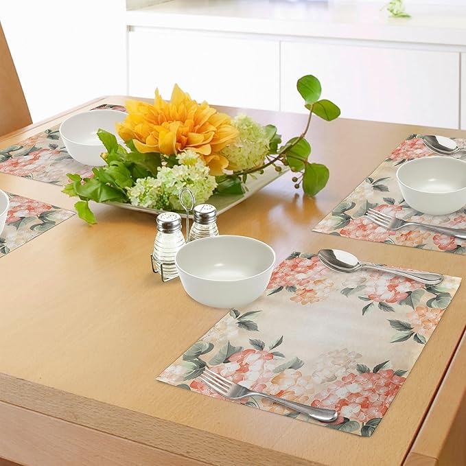 Ambesonne Floral Place Mats Set of 8, Blooming Hydrangea Flowers Leaves Bouquet Vintage Style Spring Nature Print, Washable Fabric Placemats for Dining Table, Placemat 8 pcs, Salmon Green