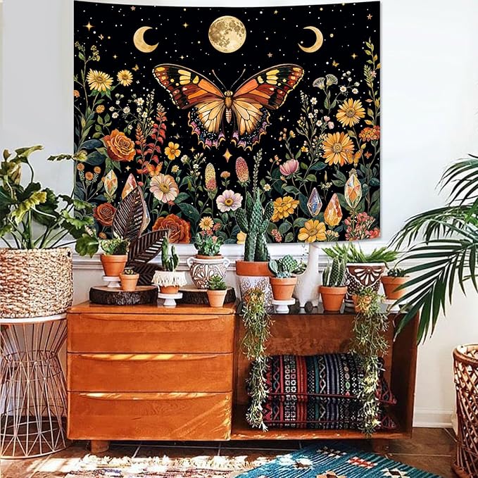 Lunerfex Boho Butterfly Tapestry Flower Moon Wall Tapestry, Moon Phases Tapestries for Bedroom Cute Tapestries Wall Hanging for Bedroom Living Room Wall Decor Butterfly-2 44"x60"