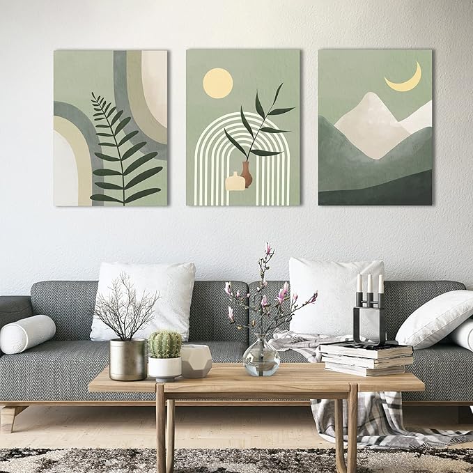 Boho Wall Art Painting,Boho Wall Art Set of 3, Sage Green Minimalist Framed Canvas Wall Art Geometric Leaf Sun Moon Beige Green Canvas Artwork 12"X16" for Bathroom Living Room Boho Wall Decor