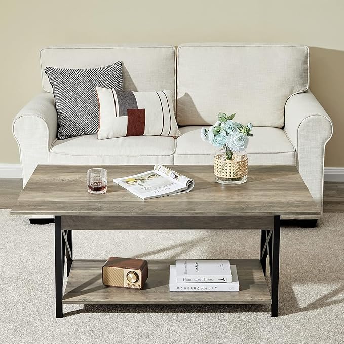 GreenForest Coffee Table with Storage, 39inch Modern 2-Tier Coffee Tables for Living Room, X-Frame Design Farmhouse Coffee Table Space Saving Living Room Small Tables, Easy Assembly, Grey Wash