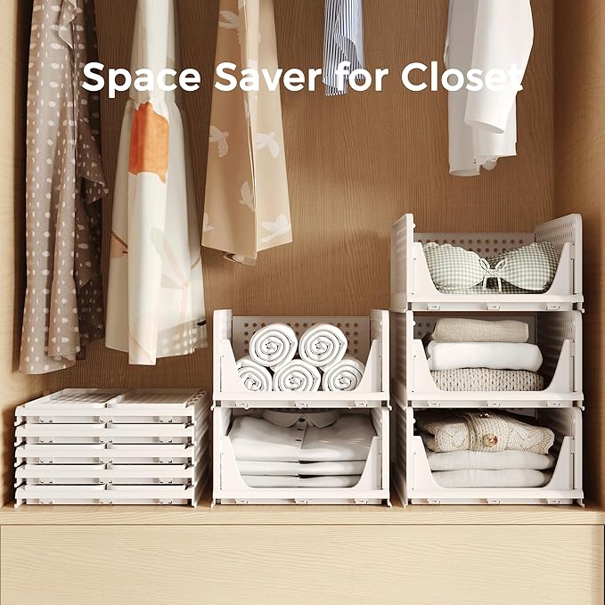 Pinkpum Stackable Plastic Storage Basket, Foldable Closet Organizers and Storage Bins 4 Pack Drawer Shelf Storage Container for Wardrobe Kitchen Bathroom Office Dorm Off White