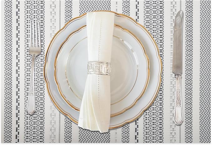 Vinyl Plastic Placemats Set of 6 Washable Heat Resistant Non-Slip Elegant Indoor Outdoor Kitchen Dining PVC Woven Table Place Mats (Dark Grey Striped Silver Wire)