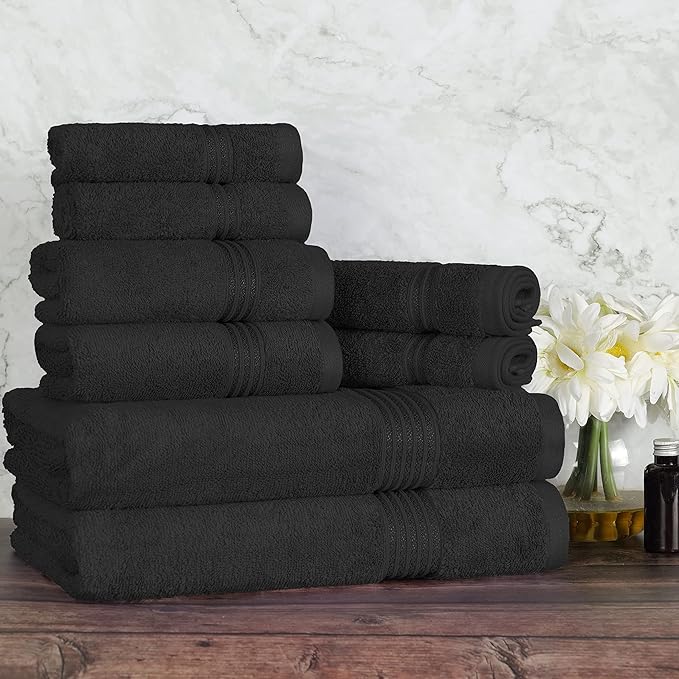 Superior Egyptian Cotton 8-Piece Towel Set, Assorted Towels for Home Bathroom, Guest Bath Decor Essentials, Includes 2 Bath, 4 Hand, 2 Face Towels/Washcloths, Quick Dry, Absorbent, Black