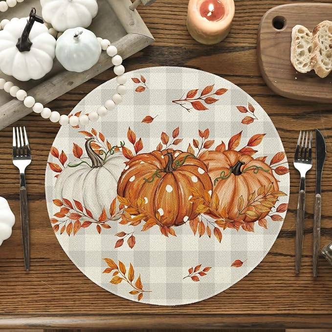 Artoid Mode Beige Buffalo Plaid Polka Dot Pumpkins Leaves Fall Placemats Set of 4, 14 Inch Round Table Mats for Dining Decoration