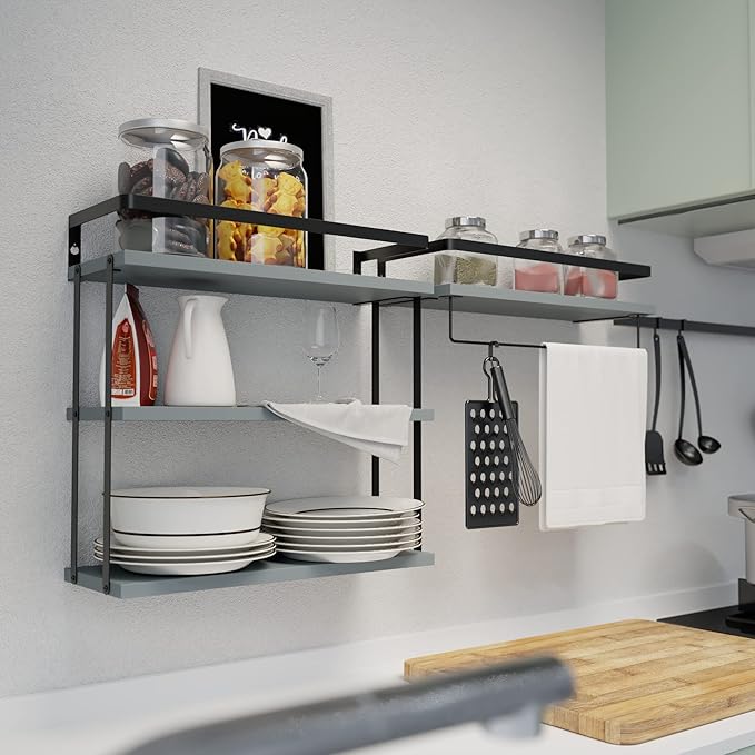 RICHER HOUSE 3+1 Tier Wall Mounted Floating Shelves Set of 2, Rustic Wood Wall Shelf with Metal Frame, Extra Storage Rack for Bathroom, Kitchen, Bedroom with Tissue Rack & Towel Bar - Grey