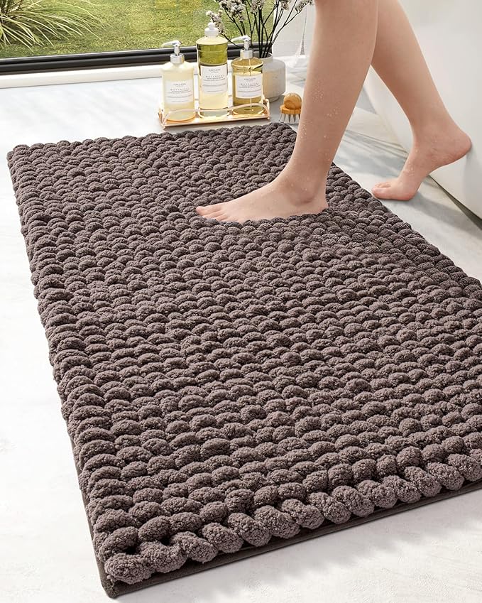 DEXI Bathroom Rugs 24x43, Non Slip Washable Bath Mat, Luxury Chenille Super Absorbent Thick Bathmats for Shower Floor, Plush Fluffy Shaggy Carpet for Tub, Brown