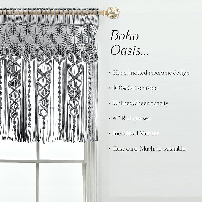 Lush Decor Boho Macrame Textured Cotton Valance, 40" W x 30" L, Gray - Boho Kitchen Curtains & Wall Decor - Macrame Valance - Bathroom Window Curtains