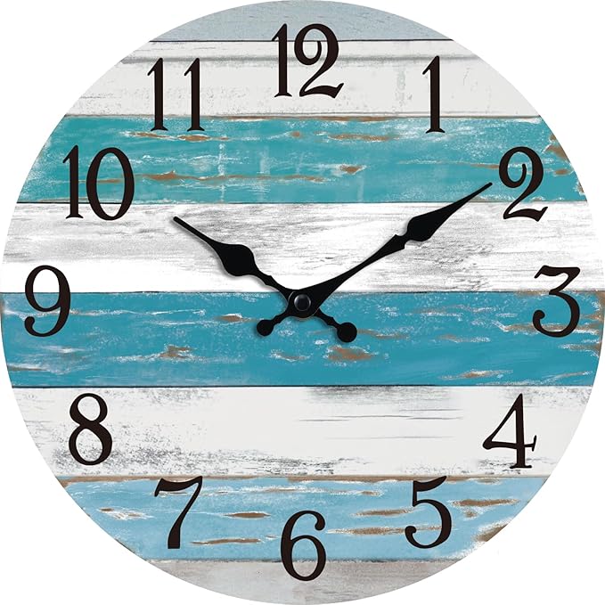 Wall Clock Battery Operated 14 Inch Outdoor Large Beach Style Blue Coastal Retro Silent Non Ticking Decorative for Bathroom Kitchen Living Room Bedroom