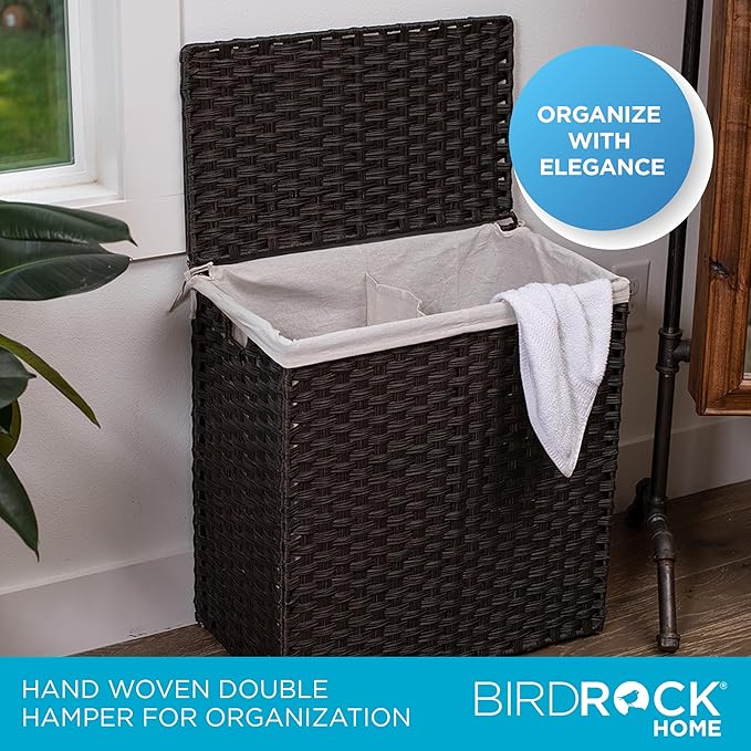 BIRDROCK HOME Laundry Hamper with Lid - Hand Woven PE Rattan Divided Sorter with Removable Liner Bags - Large Collapsible & Foldable Bin Clothes Basket Organizer for Bedroom & Bathroom - Double, Brown