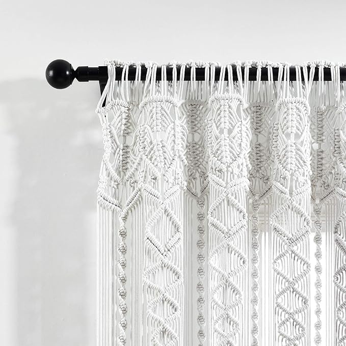 Lush Decor Boho Macrame Textured Cotton Window Curtain Panel, 40" W x 84" L, White - Room Divider or Wedding Decor - Boho, Macrame