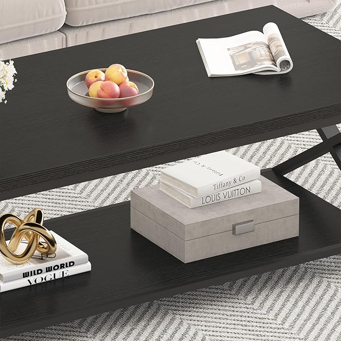 HSH Black Coffee Table with Storage Shelf, Modern Metal Wood Living Room Table, Simple 2 Tier Rectangle Center Table, 39 Inch Office Bedroom Display Cocktail Tea