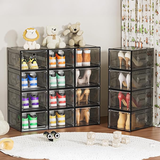 6 Pack Thicken Shoe Organizer Stackable,Upgraded Sturdy Shoe Storage Box with Magnetic Door,Shoe Containers For Sneaker Display,Hat Organizer,Black