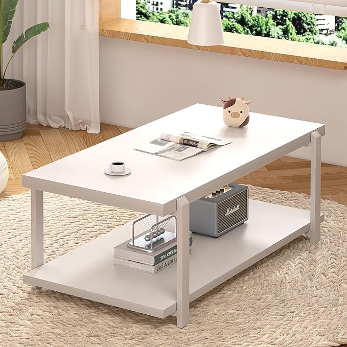 FOLUBAN White Coffee Table, Modern Rustic Wood and Metal Center Table with Storage Shelf, Rectangle Cocktail Tea Table for Living Room, 42 Inch