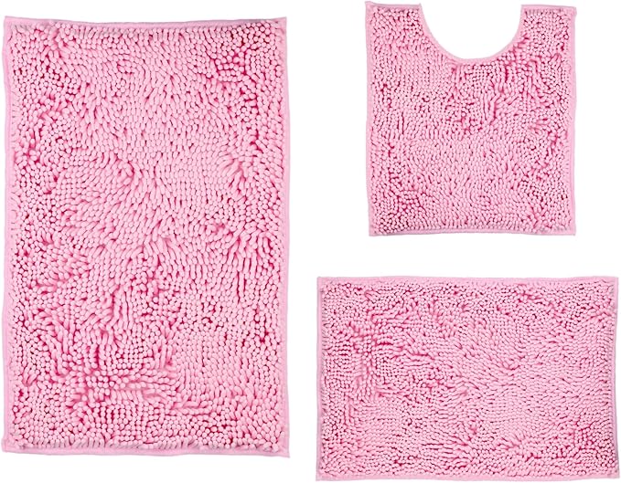Pink Bathroom Rugs Sets 3 Piece Washable, Luxury ,Chenille Bath Mat Set, Soft Plush Anti-Slip Rectangular Bath, Rug Super Absorbent.3 Pieces Bathroom (Pink, 32"x20"+24"x16"+U Shape 20"x20")