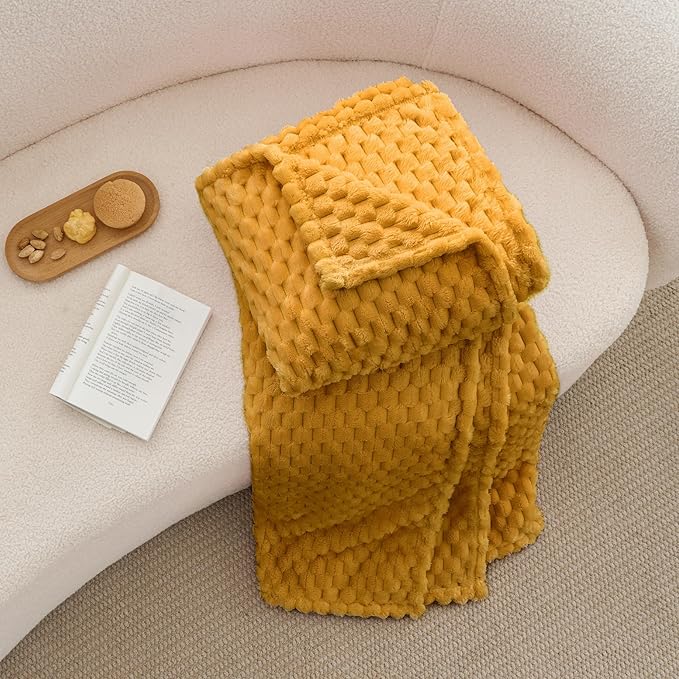 BEDELITE Fleece Blanket Twin Size for Bed Couch, 3D Jacquard Decorative Mustard Yellow Throw, Soft and Cozy Warm Plush Fuzzy Blanket All Seasons Suitable, 60x80Inches