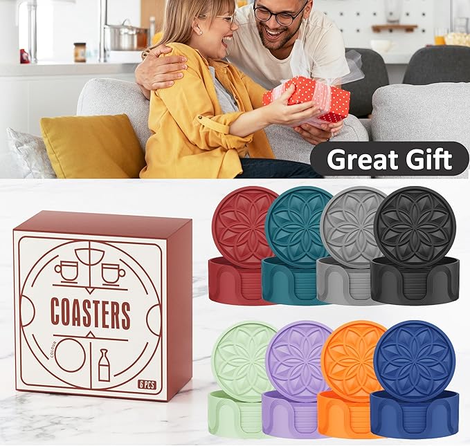 HFHOME Silicone Coasters Set with Holder - 6 Pack Drink Coasters for Coffee Table, Bar Tabletop Protection - Orange