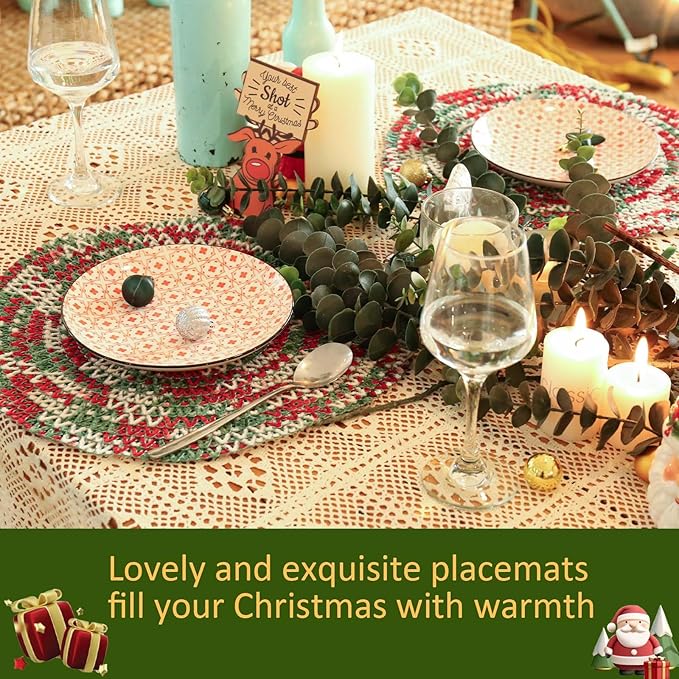 Noctiflorous 15 Inch Round Placemats Set of 12 Durable Braided Woven Heat Resistant Table Mats for Indoor Outdoor Non Slip Dining Table Place Mats(01 Christmas, 12)