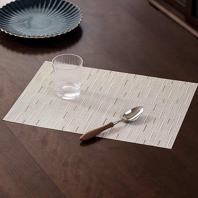 LEXMORE PVC Woven Placemats 8 PCS Wipeable Indoor/Outdoor Table Mats Washable Vinyl Place Mats for Dining Table, Set of 8-Pale Beige