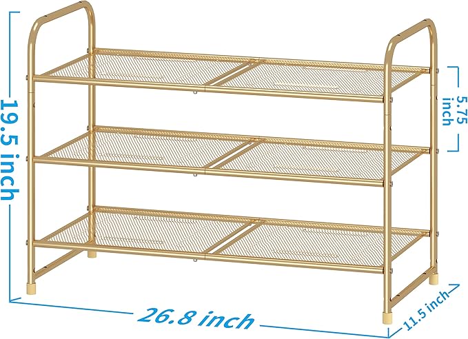 Simple Trending 3-Tier Stackable Shoe Rack, Expandable & Adjustable Shoe Shelf Storage Organizer, Metal Mesh, Gold