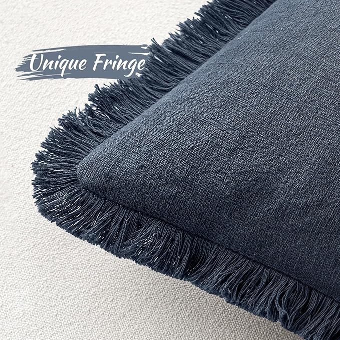 MIULEE Decorative Throw Pillow Covers Neutral Linen Fringe Throw Pillows Set of 2 Indigo Blue Boho Farmhouse Cushion Covers with Tassels for Couch Sofa Bed Living Room Spring Home Decor 20x20 Inch
