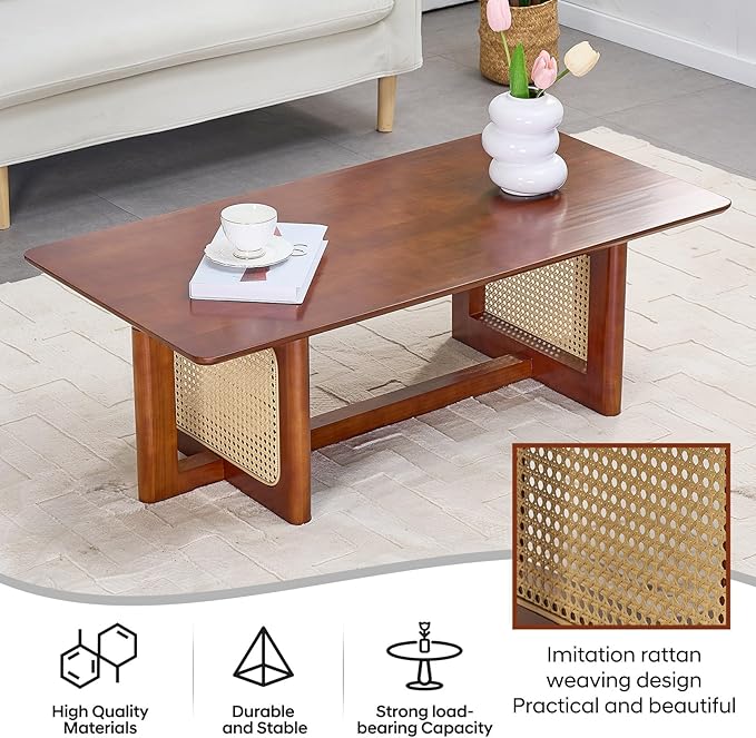 Rattan Coffee Table, 42.5 Inch Rectangular Solid Wood Table with PE Rattan Stand for Living Room